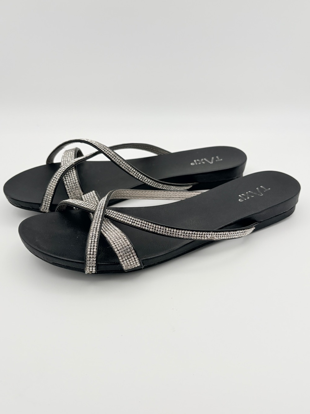 Taxi Flat Slide Sandals Rhinestone Criss-cross Straps Rose-01 Black Size 40